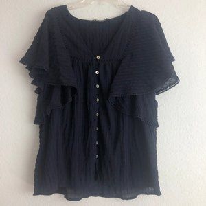 Navy Ruffled Button Down Blouse De Chance